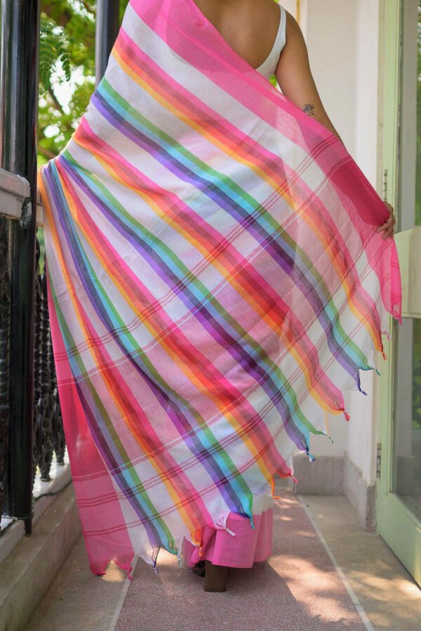 Noorani Rainbow Cotton Saree – Multicolor Stripes on Pastel Pink - Image 4