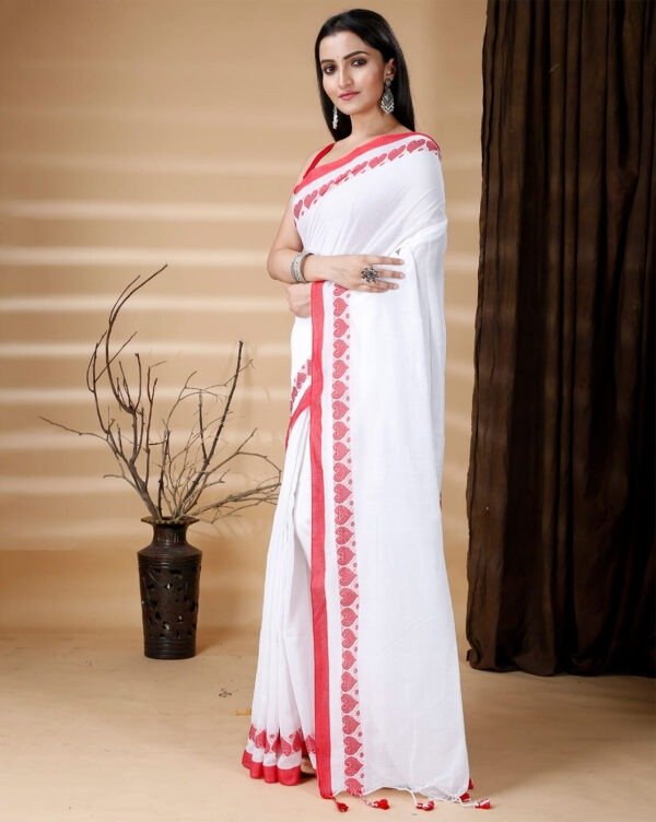 Dil-E-Noor Cotton Saree – White with Red Heart Border - Image 3