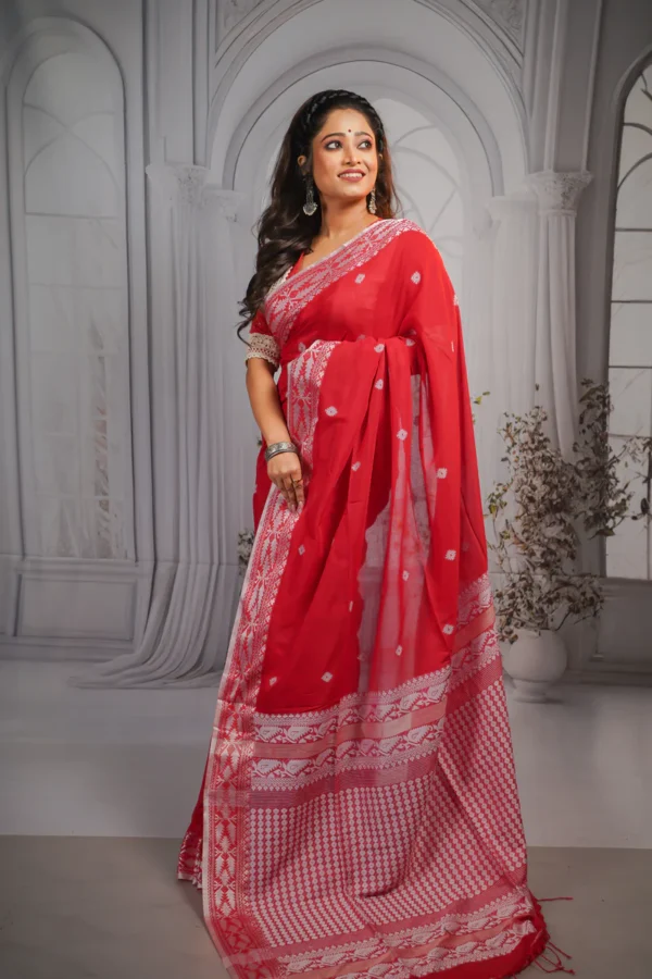Rajvanshi Red Banarasi Style Cotton Jamdani  Saree – Handwoven with Silver Zari Work