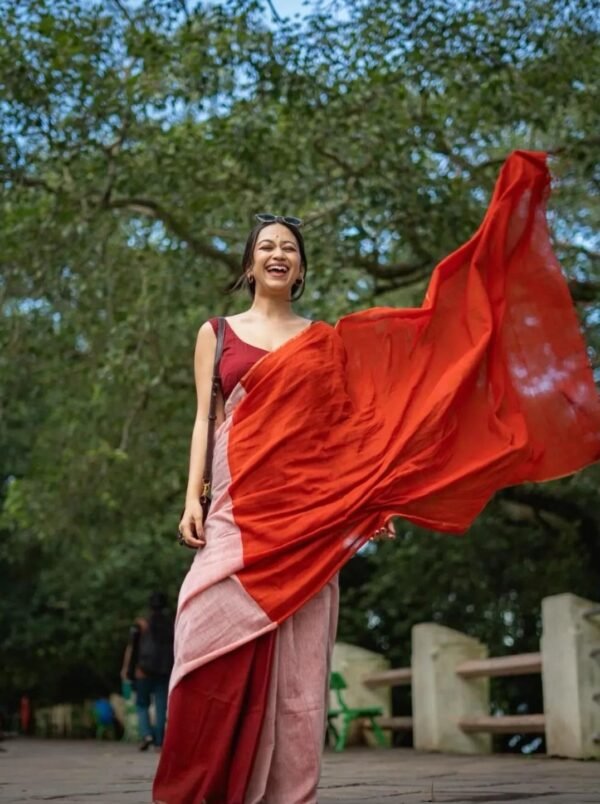Rudra Flame-Toned Cotton Saree – Crimson Red & Blush Ombre - Image 3