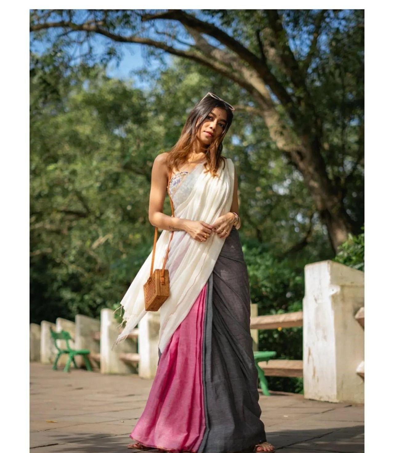 Amara Handwoven Cotton Saree – Blush Pink & Charcoal Grey with Ivory Pallu