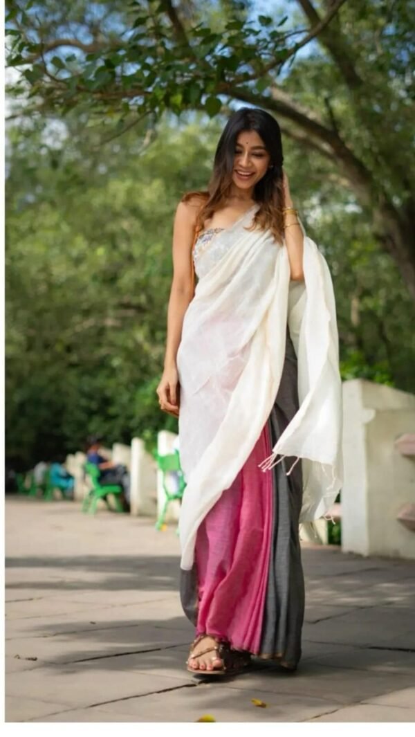 Amara Handwoven Cotton Saree – Blush Pink & Charcoal Grey with Ivory Pallu - Image 2