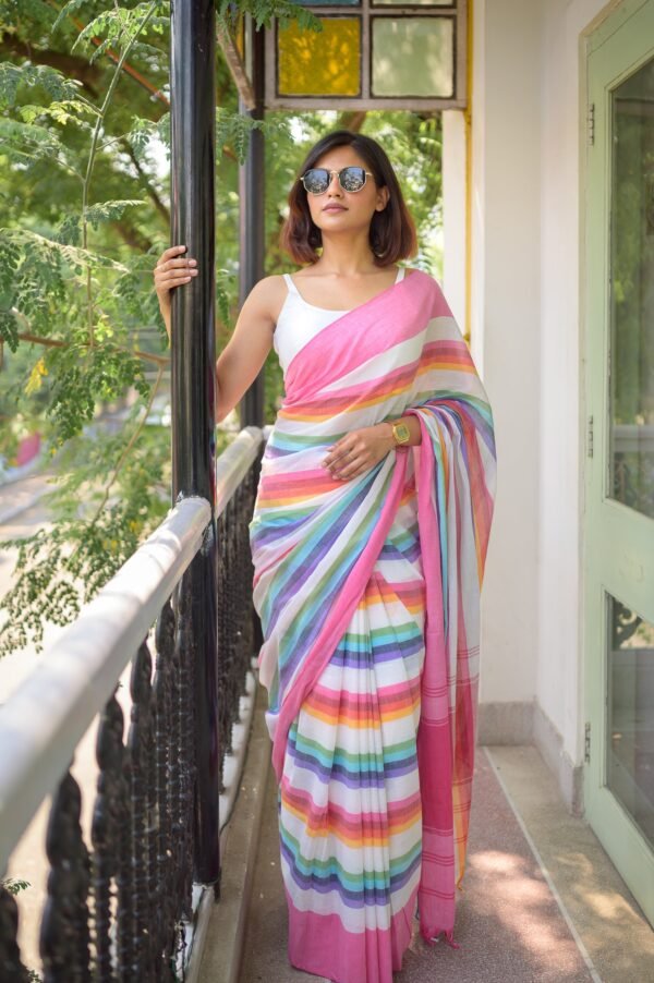 Noorani Rainbow Cotton Saree – Multicolor Stripes on Pastel Pink - Image 2